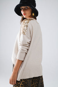 Q2 Women's Sweater One Size / Beige Beige Long Sleeves Sweater With Sequins On The Shoulders