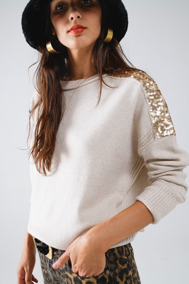 Q2 Women's Sweater One Size / Beige Beige Long Sleeves Sweater With Sequins On The Shoulders