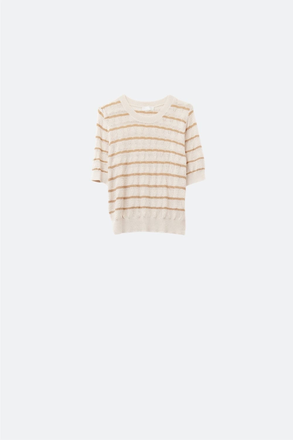 Q2 Women's Sweater One Size / Beige Beige Openwork Knit Top With Short Sleeves And Gold Stripes