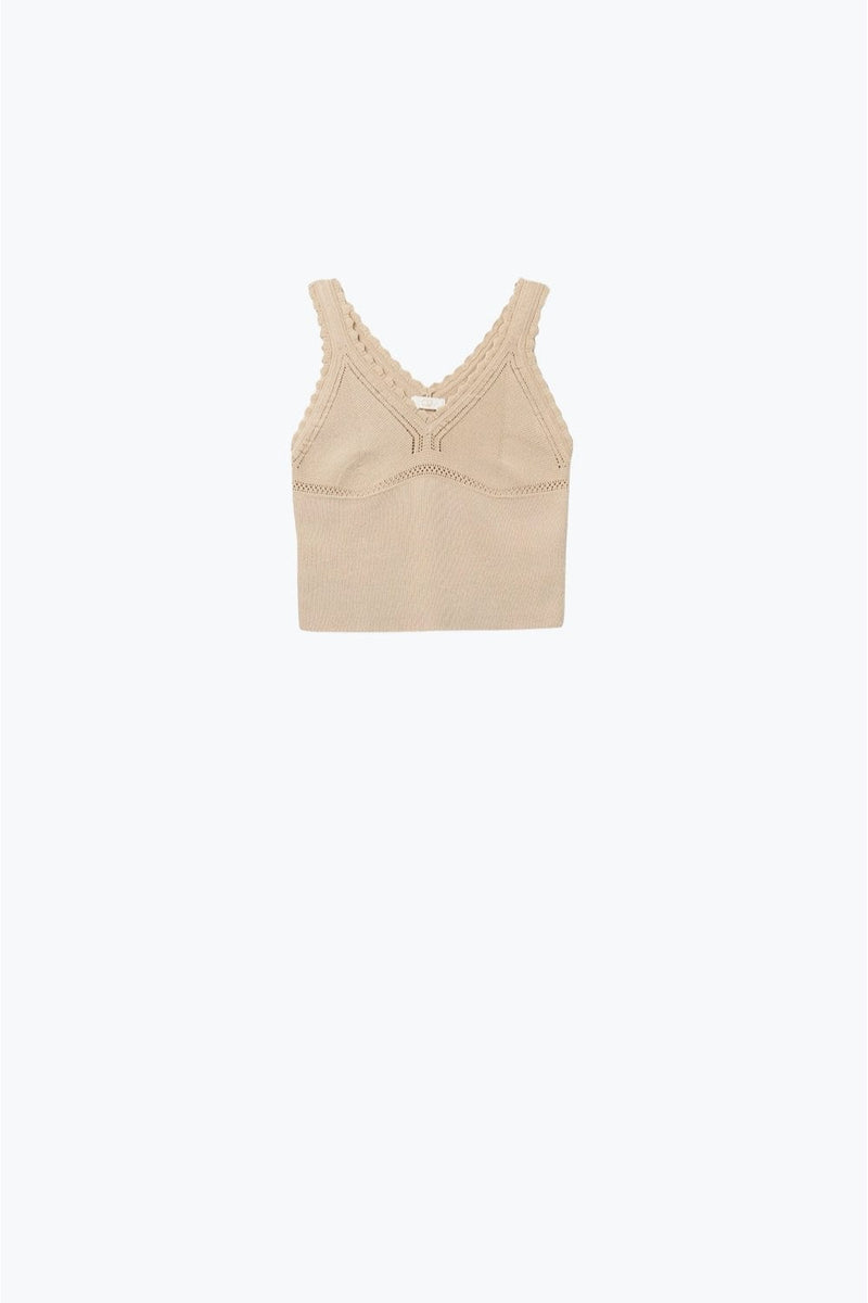 Q2 Women's Sweater One Size / Beige Beige Ribbed Knit Top With Scalloped V-Neck