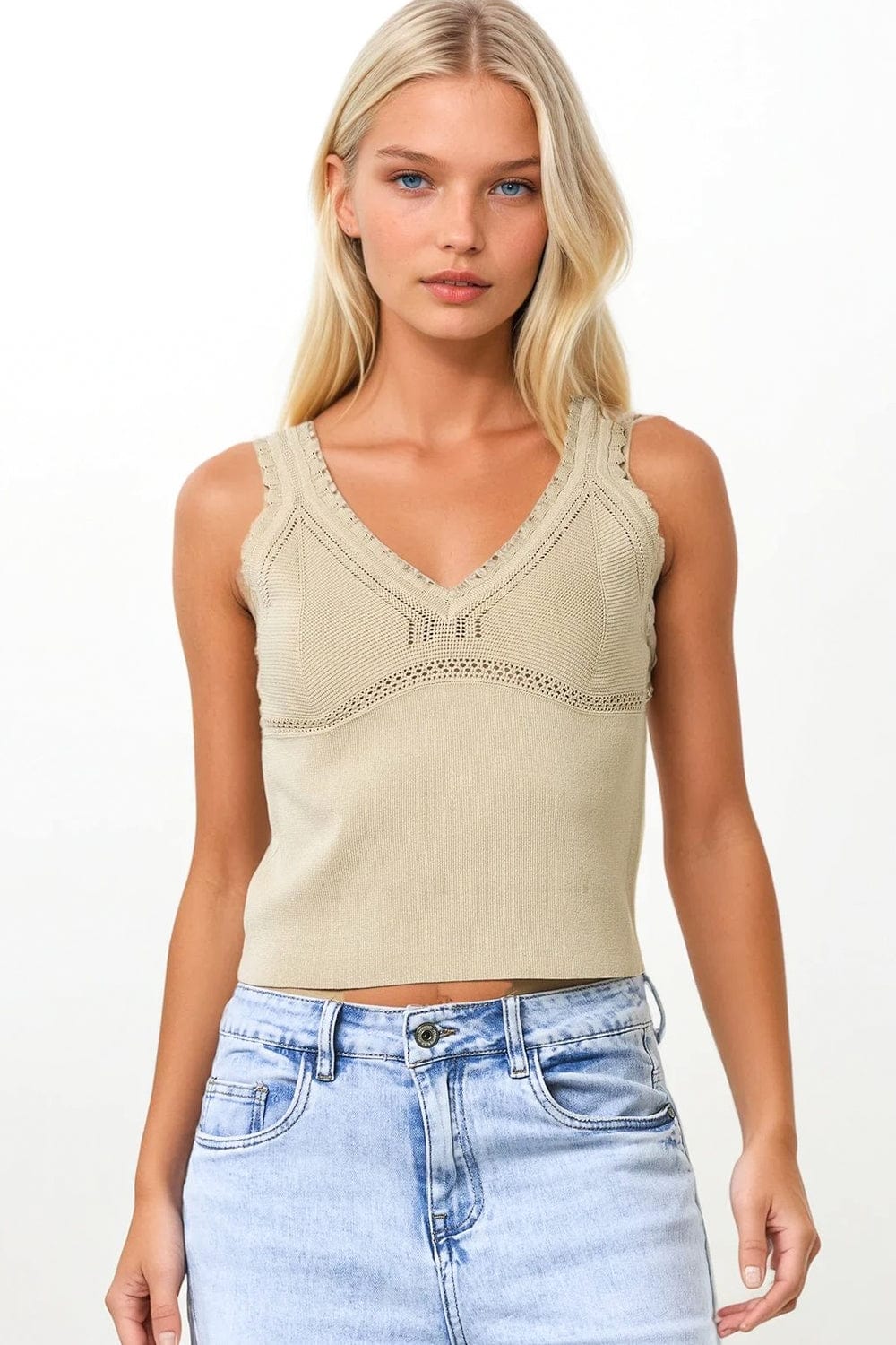 Q2 Women's Sweater One Size / Beige Beige Ribbed Knit Top With Scalloped V-Neck