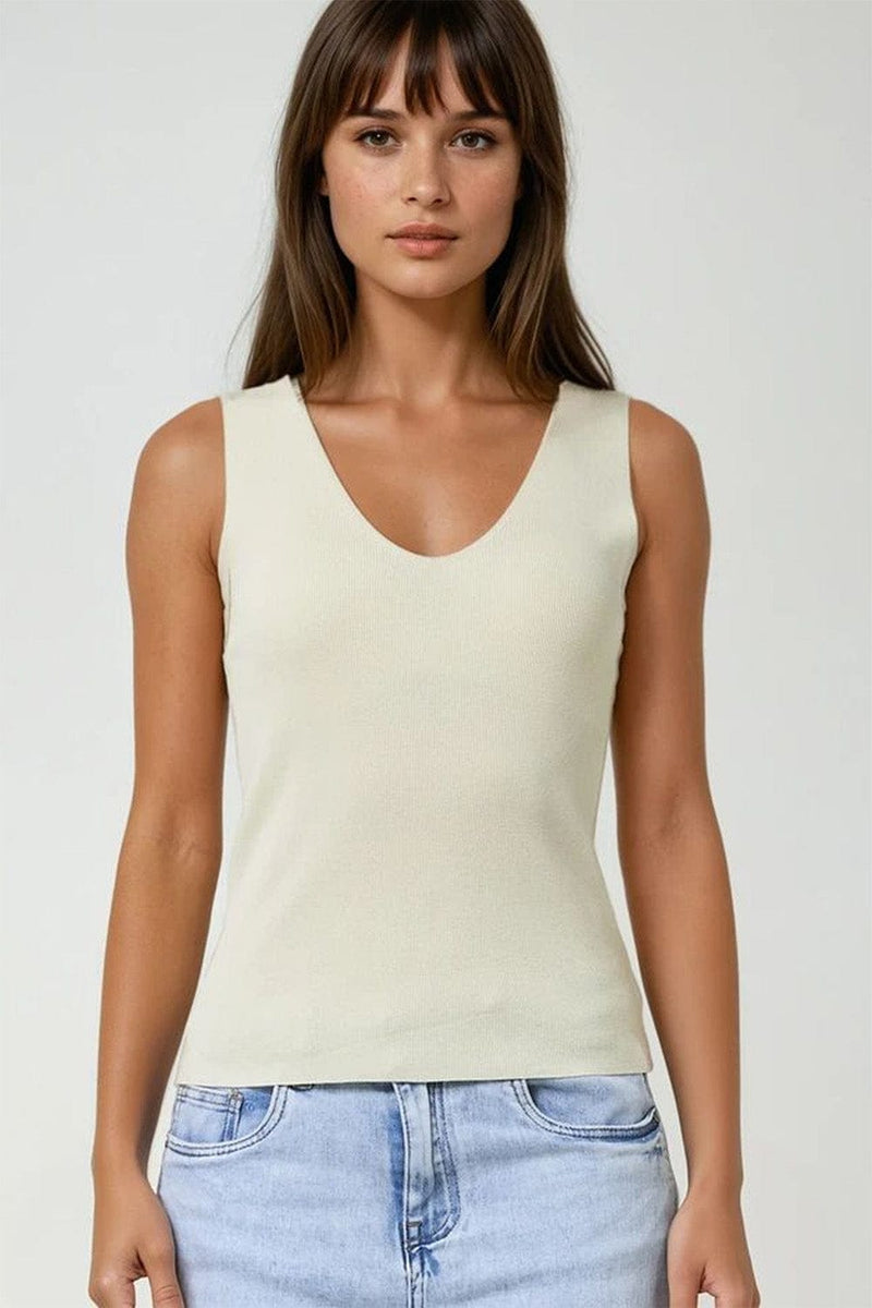 Q2 Women's Sweater One Size / Beige Beige Sleeveless Fine Knitted Top With V-Neck