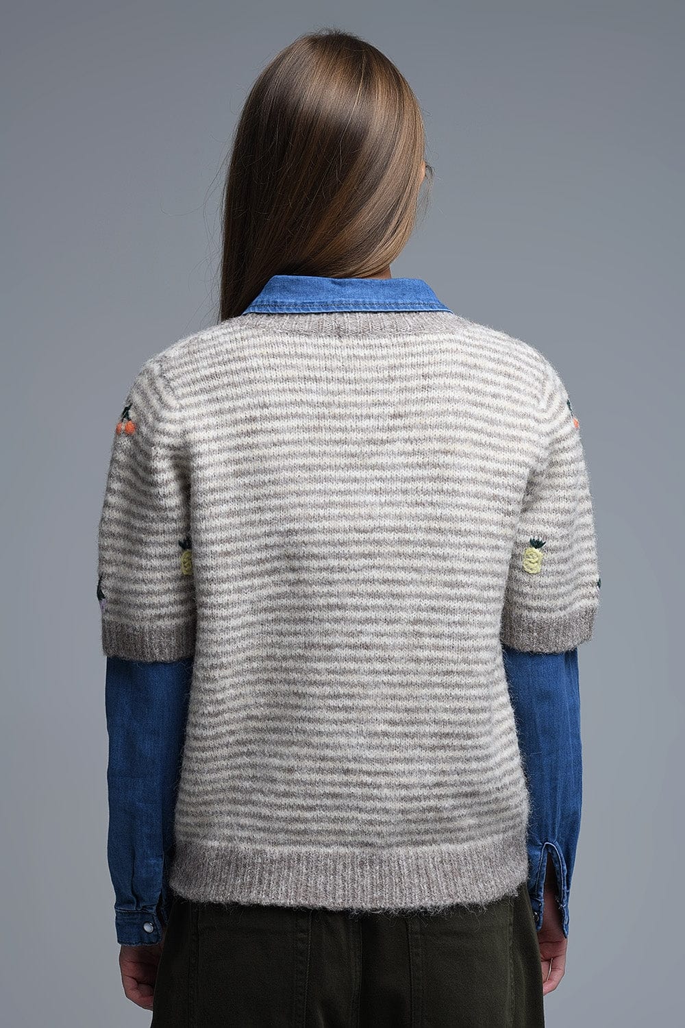 Q2 Women's Sweater One Size / Beige Beige Striped Short Sleeve Embroidered Sweater