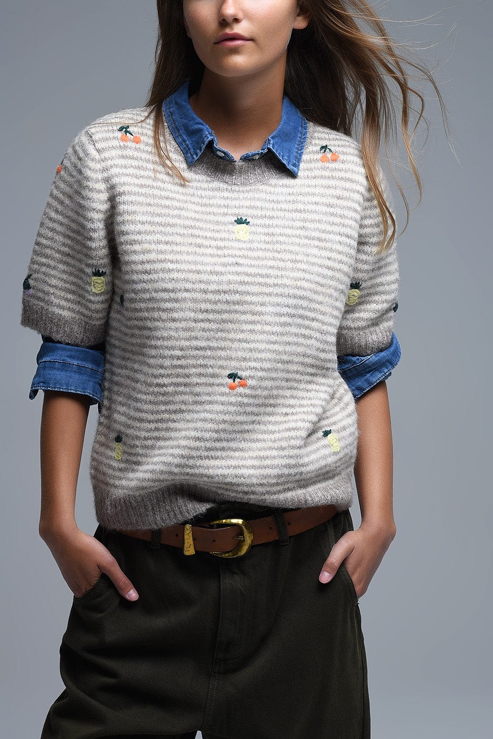 Q2 Women's Sweater One Size / Beige Beige Striped Short Sleeve Embroidered Sweater