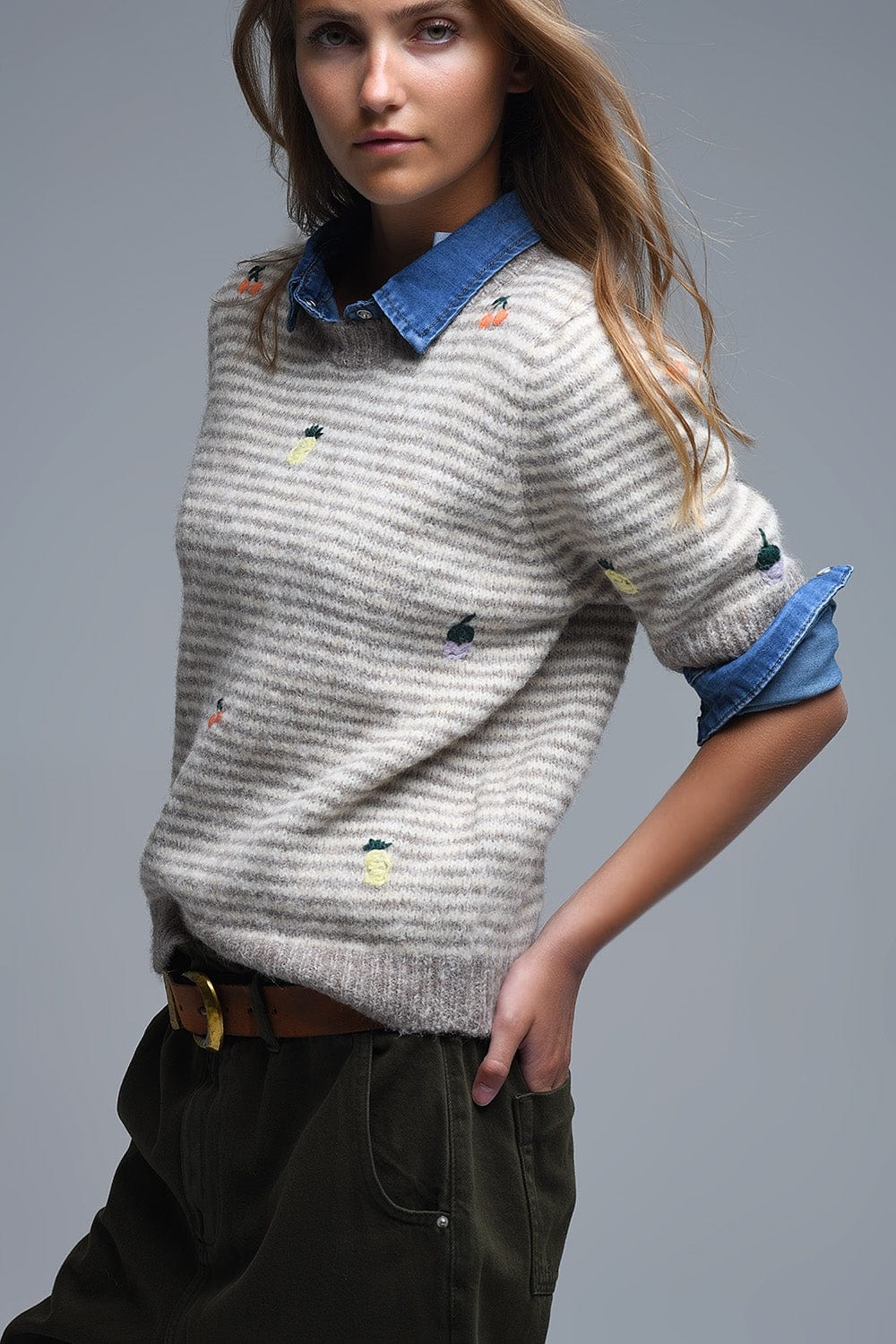 Q2 Women's Sweater One Size / Beige Beige Striped Short Sleeve Embroidered Sweater