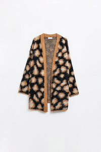 Q2 Women's Sweater One Size / Beige Black Leopard Print Cardigan Made Of Knitted Fabric With Wool