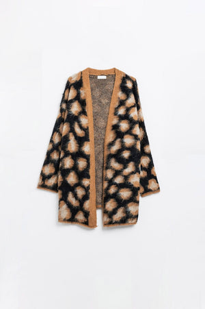 Q2 Women's Sweater One Size / Beige Black Leopard Print Cardigan Made Of Knitted Fabric With Wool