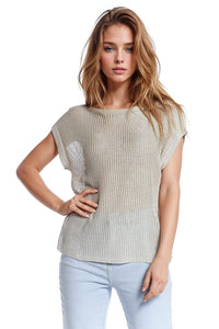 Q2 Women's Sweater One Size / Beige Boat Neck Ribbed Sweater With Cap Sleeves In Beige