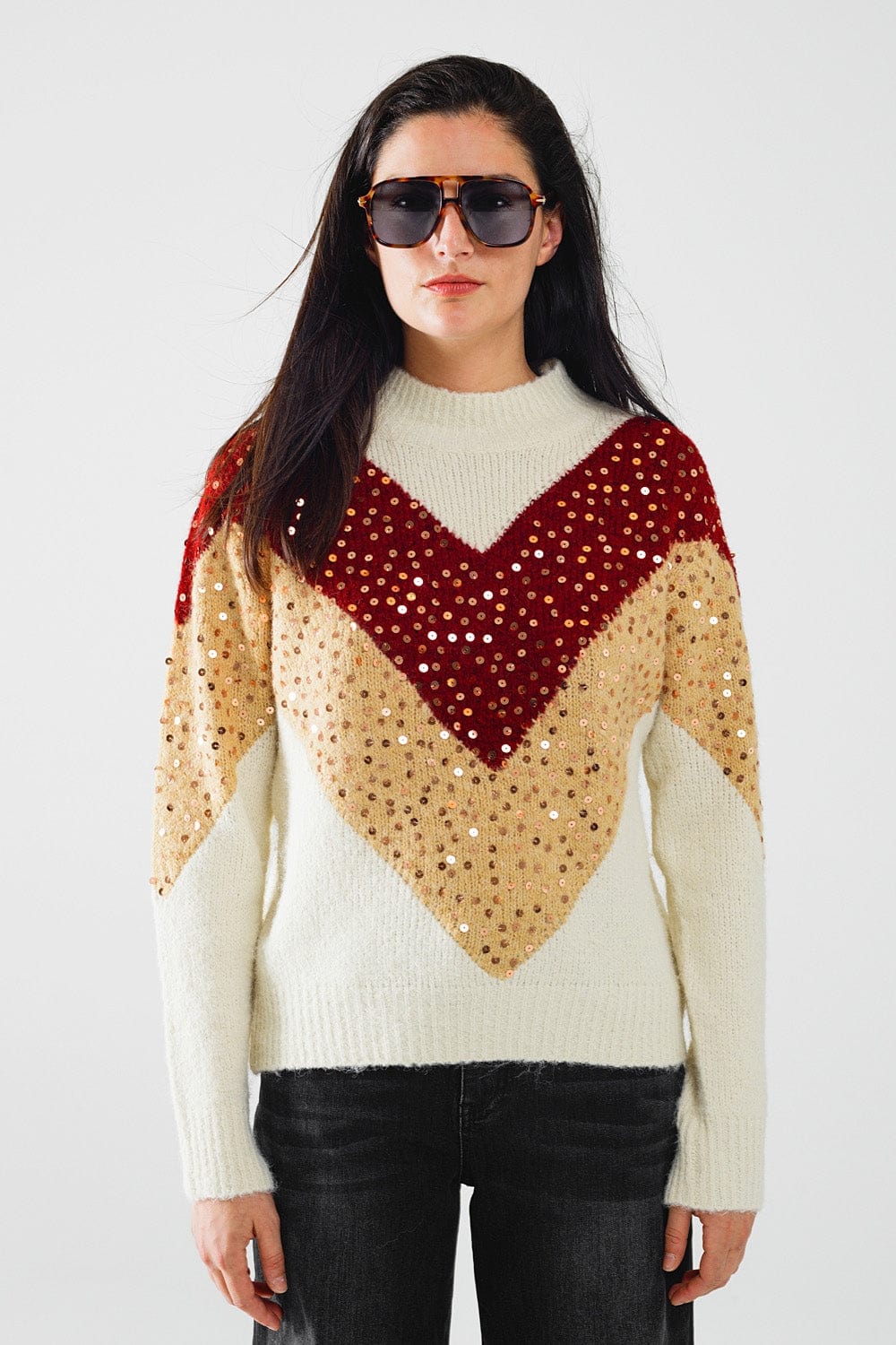 Q2 Women's Sweater One Size / Beige Burgundy And Beige Color Block Knit Sweater With Sequin Embellishment