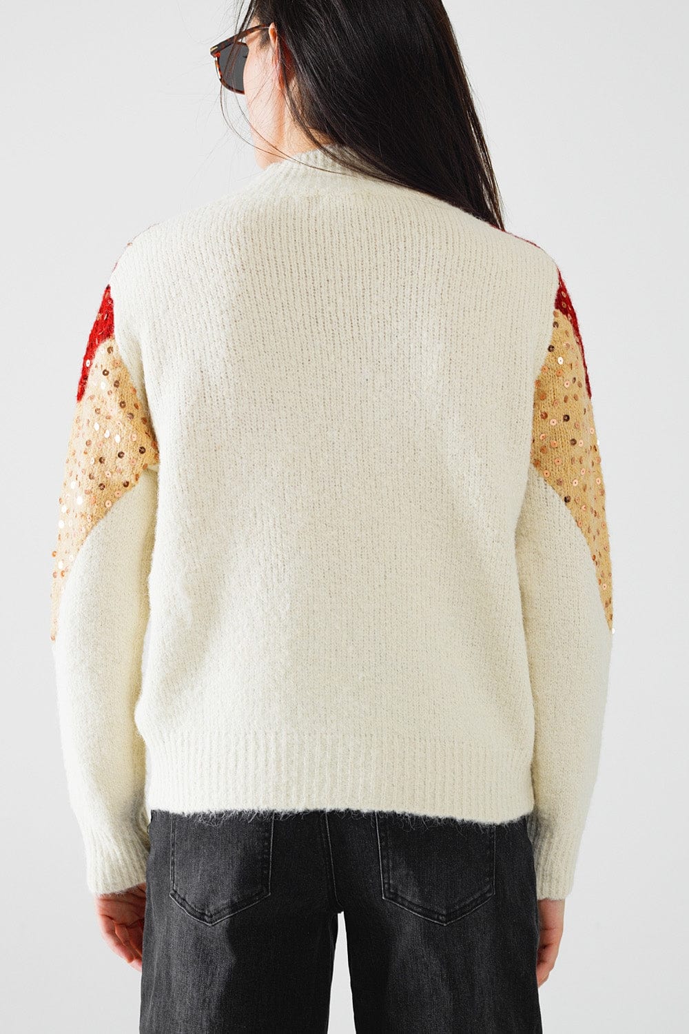 Q2 Women's Sweater One Size / Beige Burgundy And Beige Color Block Knit Sweater With Sequin Embellishment