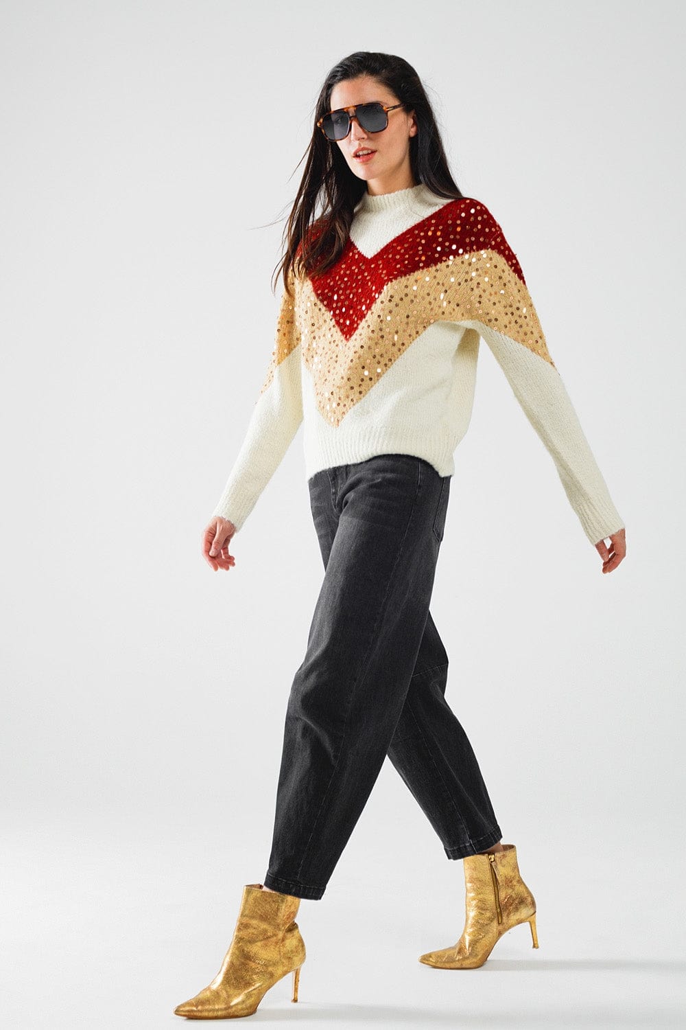 Q2 Women's Sweater One Size / Beige Burgundy And Beige Color Block Knit Sweater With Sequin Embellishment