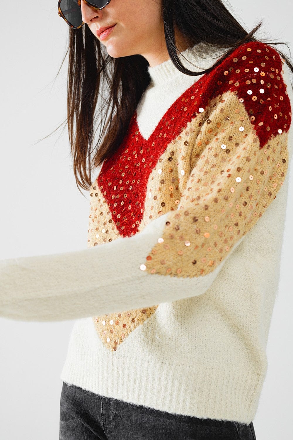 Q2 Women's Sweater One Size / Beige Burgundy And Beige Color Block Knit Sweater With Sequin Embellishment