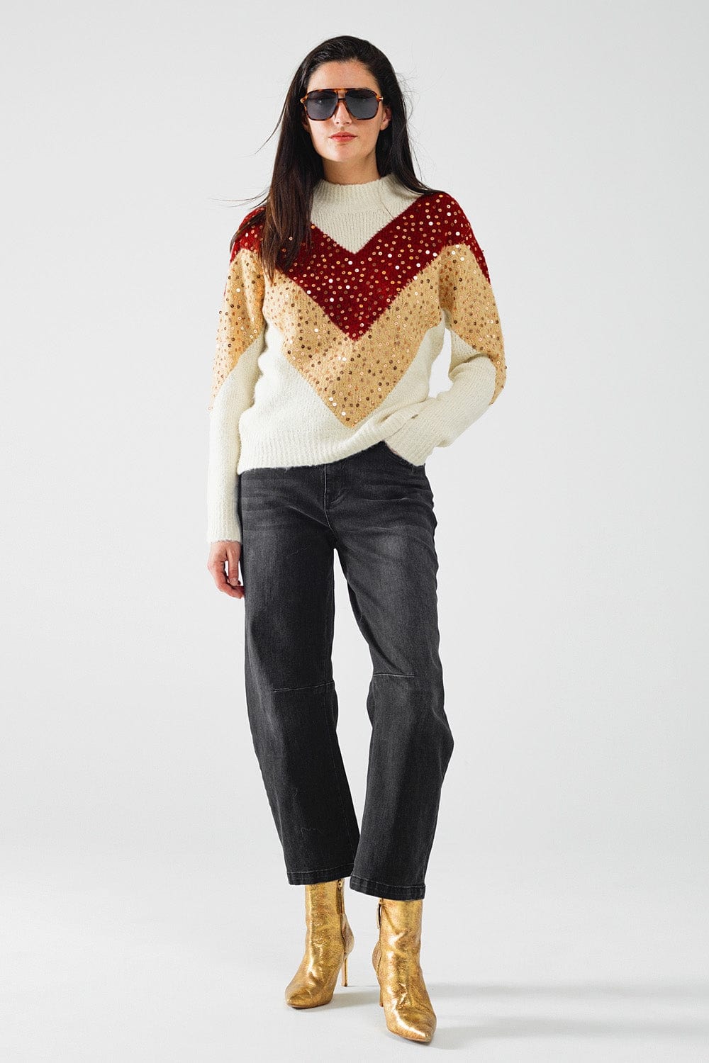 Q2 Women's Sweater One Size / Beige Burgundy And Beige Color Block Knit Sweater With Sequin Embellishment