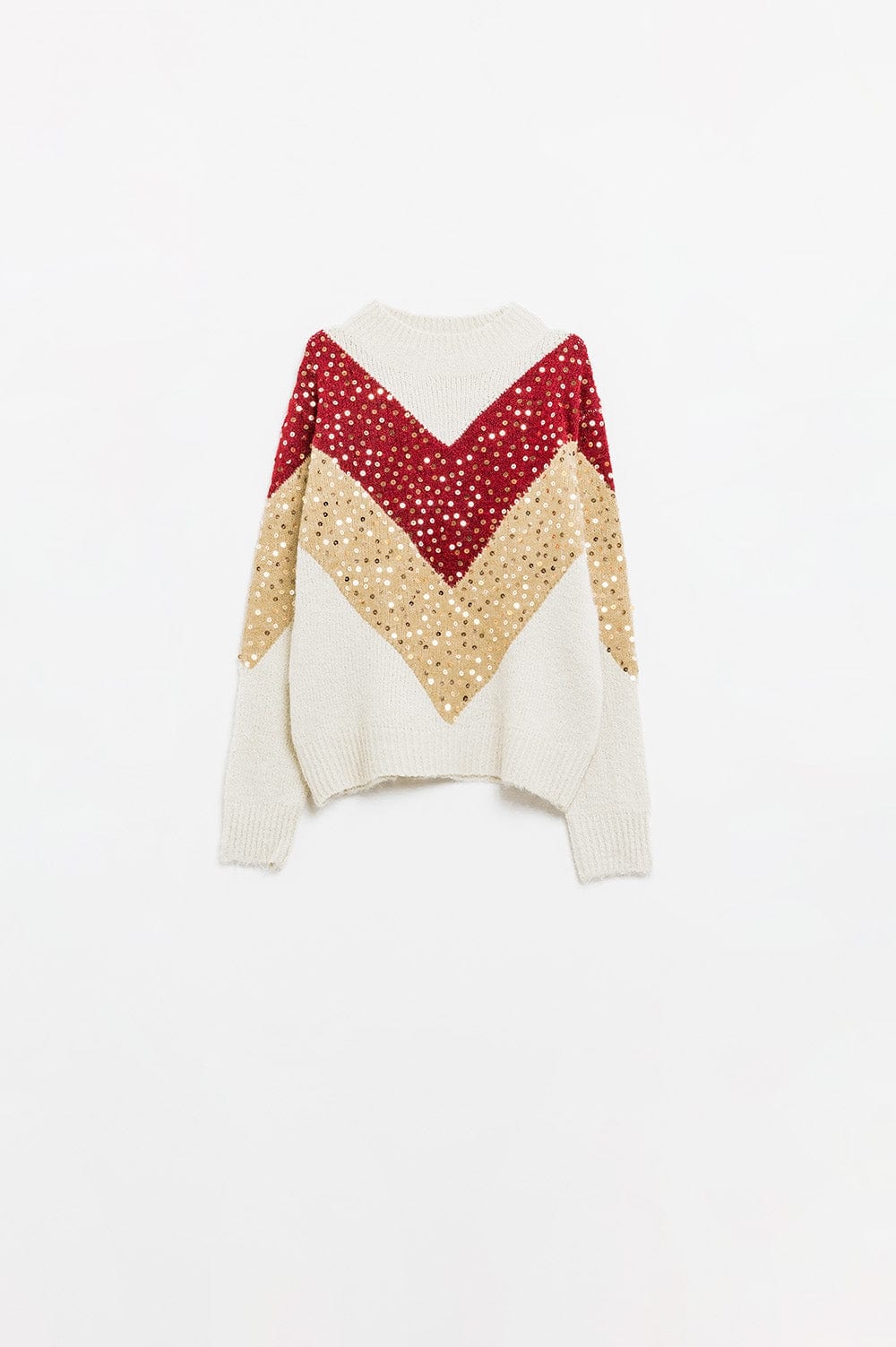Q2 Women's Sweater One Size / Beige Burgundy And Beige Color Block Knit Sweater With Sequin Embellishment
