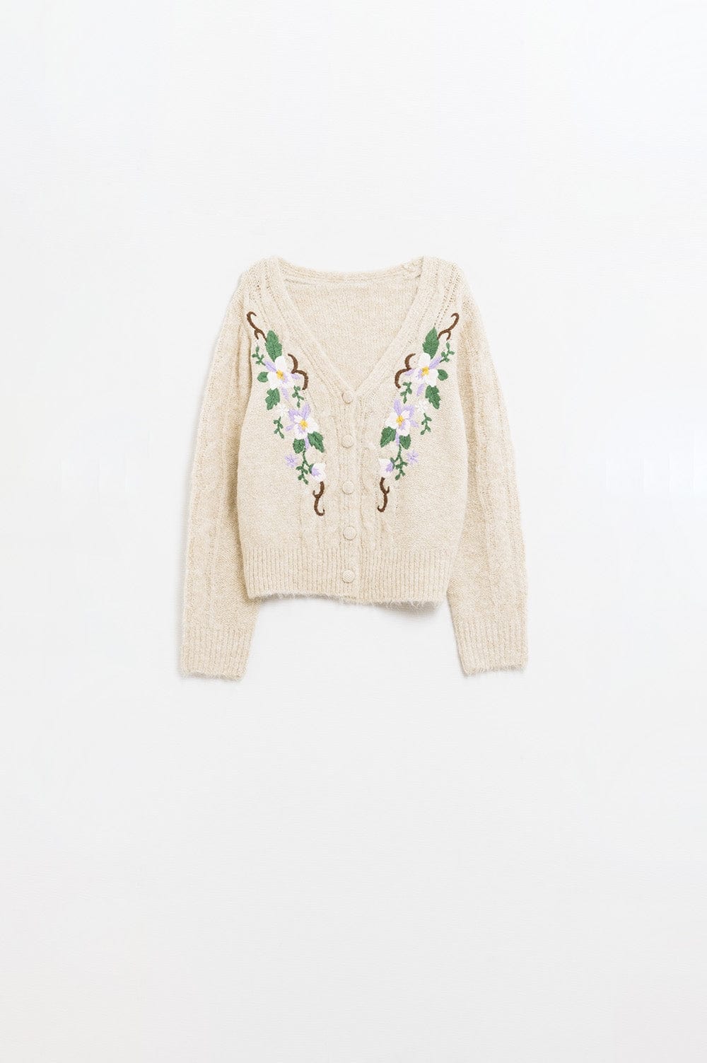 Q2 Women's Sweater One Size / Beige Cable Knit Beige Cardigan With Embroidered Flowers