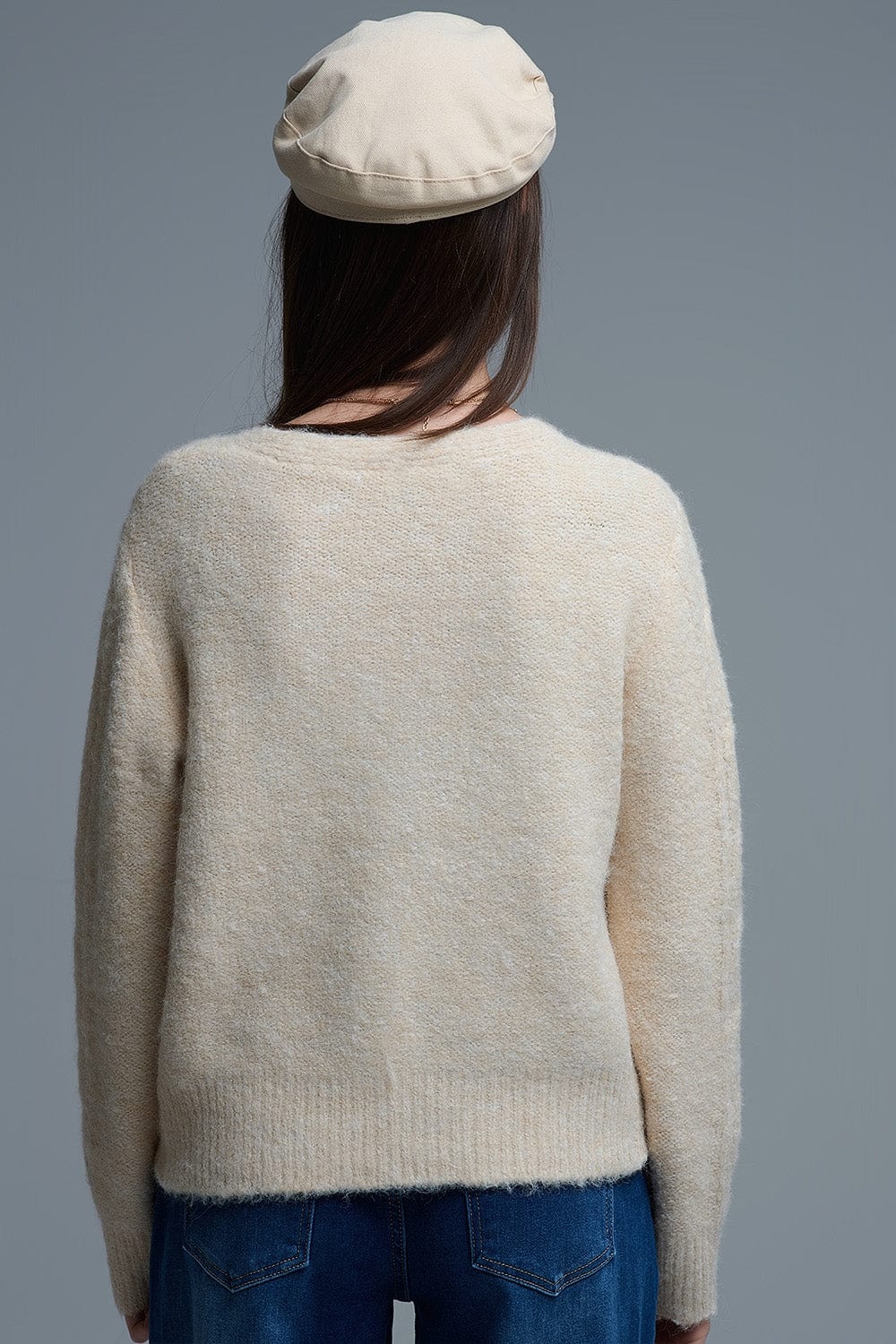 Q2 Women's Sweater One Size / Beige Cable Knit Beige Cardigan With Embroidered Flowers