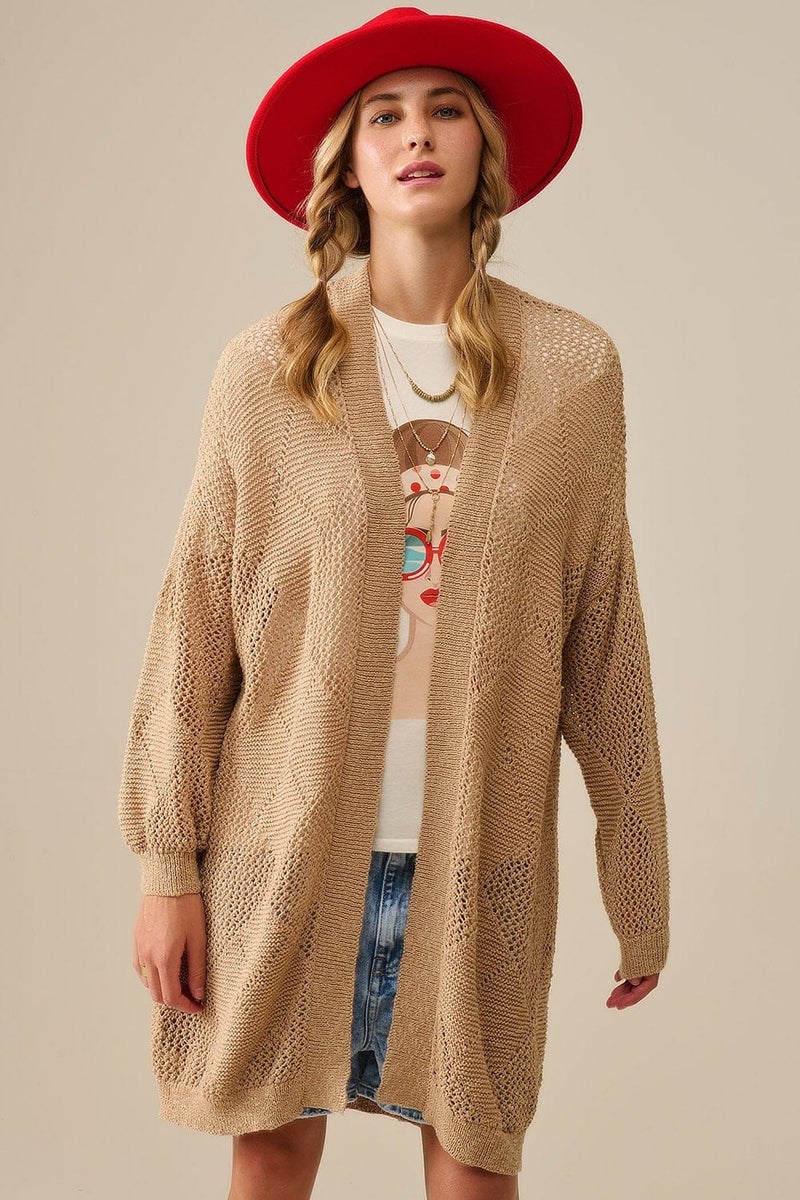 Q2 Women's Sweater One Size / Beige Camel Draped Cardigan With Crochet Design