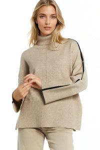 Q2 Women's Sweater One Size / Beige Camel Turtleneck Sweater With Black Side Stripe