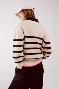 Q2 Women's Sweater One Size / Beige / China Relaxed Jumper in Stripe Pattern in Beige
