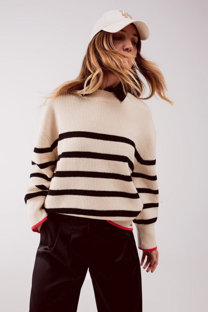 Q2 Women's Sweater One Size / Beige / China Relaxed Jumper in Stripe Pattern in Beige