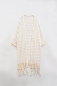 Q2 Women's Sweater One Size / Beige Cream Boho Style Cardigan With Stripes Pointelle Knit And Fringe Details
