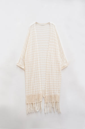 Q2 Women's Sweater One Size / Beige Cream Boho Style Cardigan With Stripes Pointelle Knit And Fringe Details