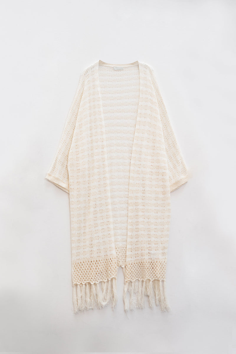 Q2 Women's Sweater One Size / Beige Cream Boho Style Cardigan With Stripes Pointelle Knit And Fringe Details