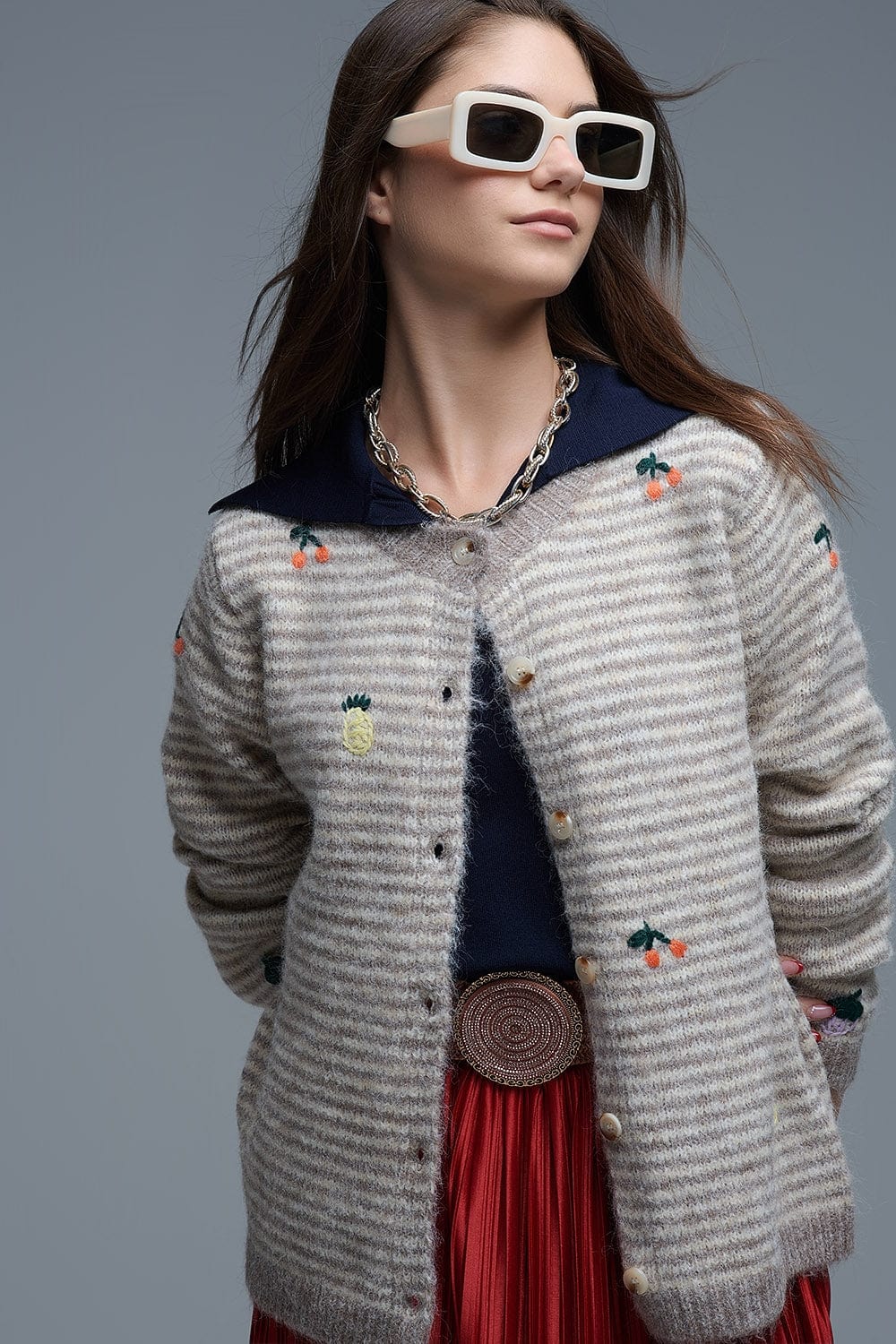 Q2 Women's Sweater One Size / Beige Crew Neck Striped Cardigan With Embroidered Fruits In Beige