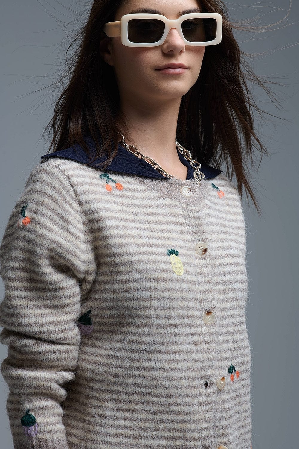 Q2 Women's Sweater One Size / Beige Crew Neck Striped Cardigan With Embroidered Fruits In Beige