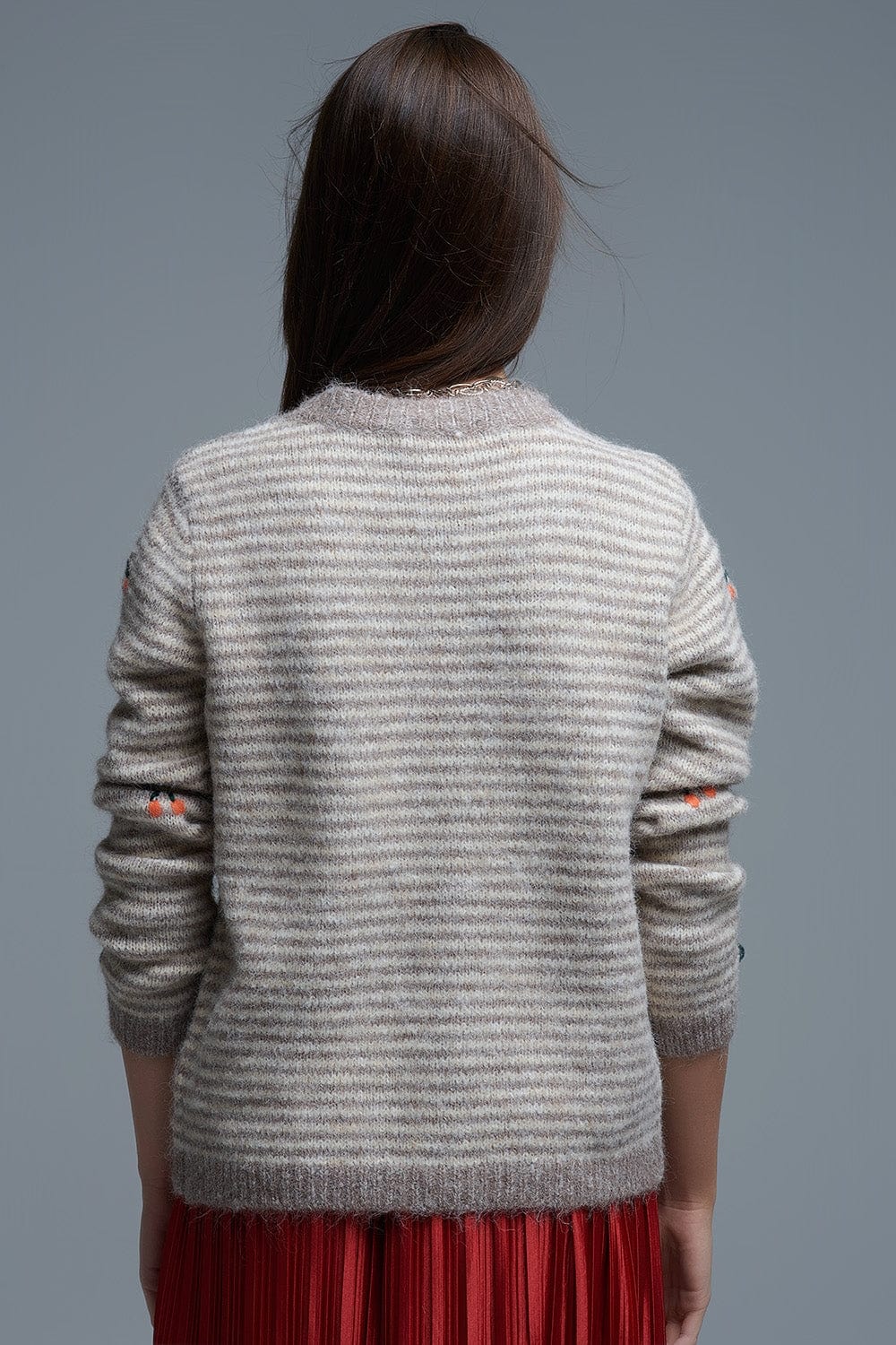 Q2 Women's Sweater One Size / Beige Crew Neck Striped Cardigan With Embroidered Fruits In Beige