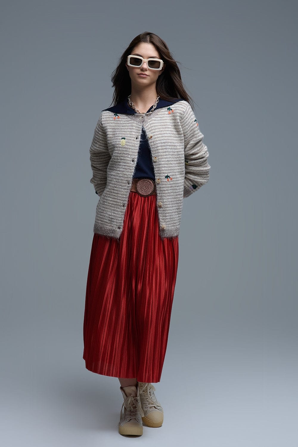 Q2 Women's Sweater One Size / Beige Crew Neck Striped Cardigan With Embroidered Fruits In Beige