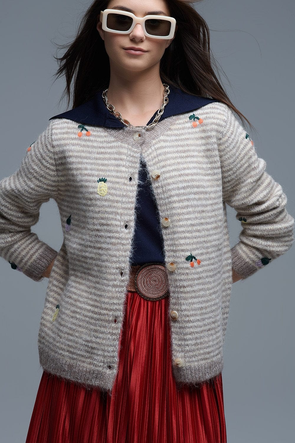 Q2 Women's Sweater One Size / Beige Crew Neck Striped Cardigan With Embroidered Fruits In Beige