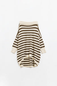 Q2 Women's Sweater One Size / Beige High Neck Oversized Swater With Bat Wings And Stripes In Cream And Brown