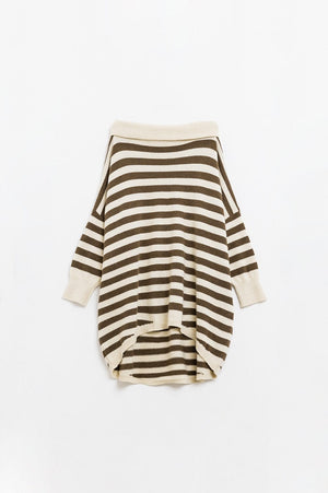 Q2 Women's Sweater One Size / Beige High Neck Oversized Swater With Bat Wings And Stripes In Cream And Brown