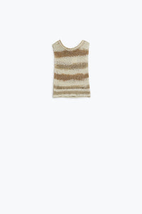 Q2 Women's Sweater One Size / Beige Knitted Tints Of Beige Sleeveless Sweater With Stripes And Crew Neckline