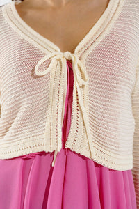 Q2 Women's Sweater One Size / Beige Long Bell Sleeve Knitted Cardigan In Cream With Knot Detail