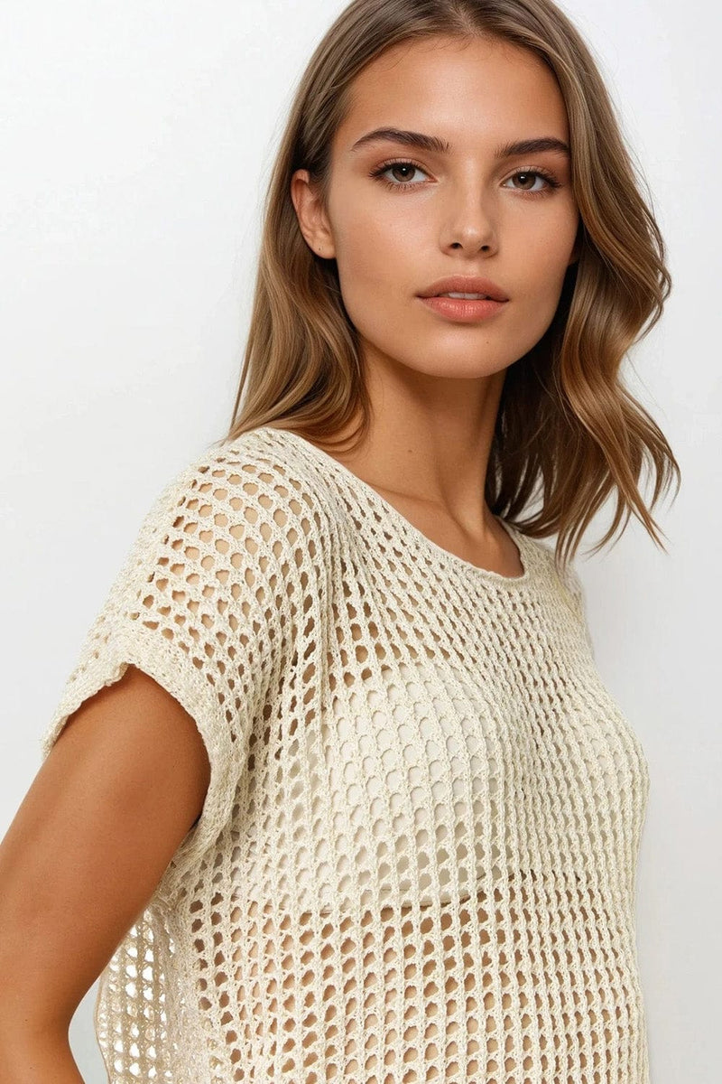 Q2 Women's Sweater One Size / Beige Open Knit Crochet Dropped Sleeved Top In Beige