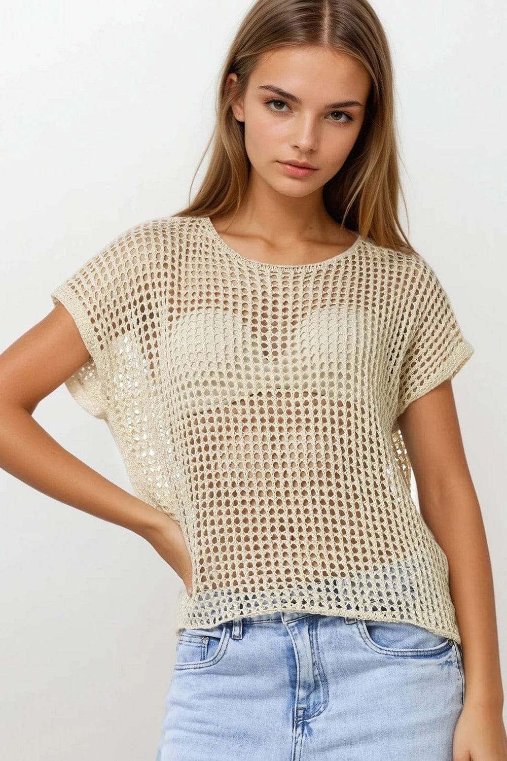 Q2 Women's Sweater One Size / Beige Open Knit Crochet Dropped Sleeved Top In Beige