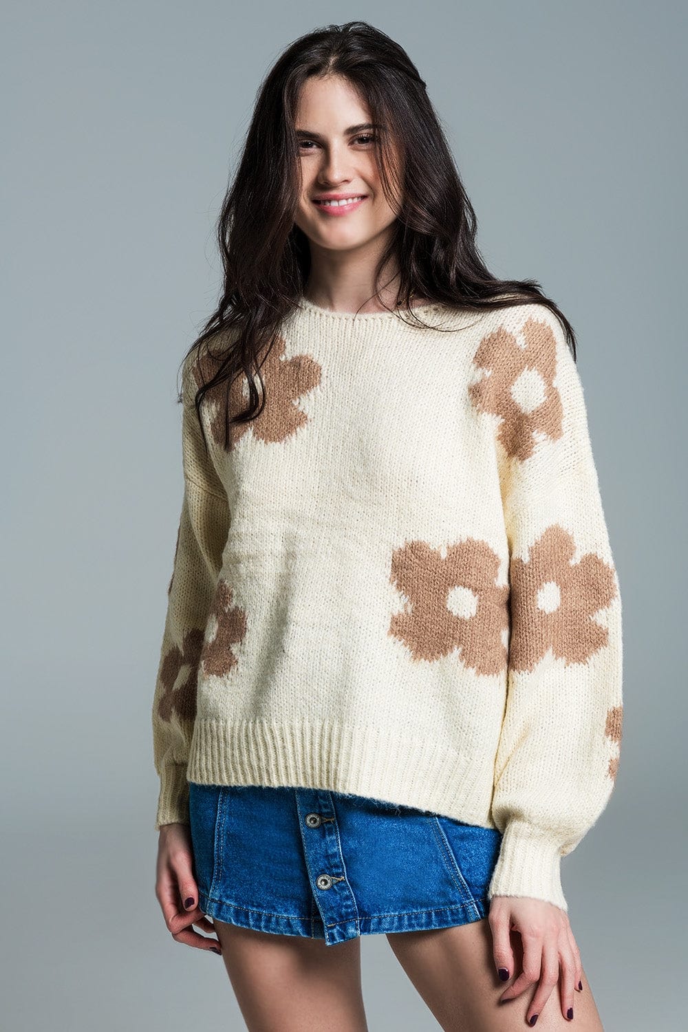 Q2 Women's Sweater One Size / Beige Oversized Balloon Sleeve Cream Sweater With Light Brown Flowers