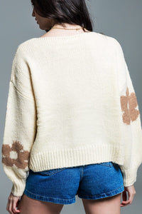 Q2 Women's Sweater One Size / Beige Oversized Balloon Sleeve Cream Sweater With Light Brown Flowers