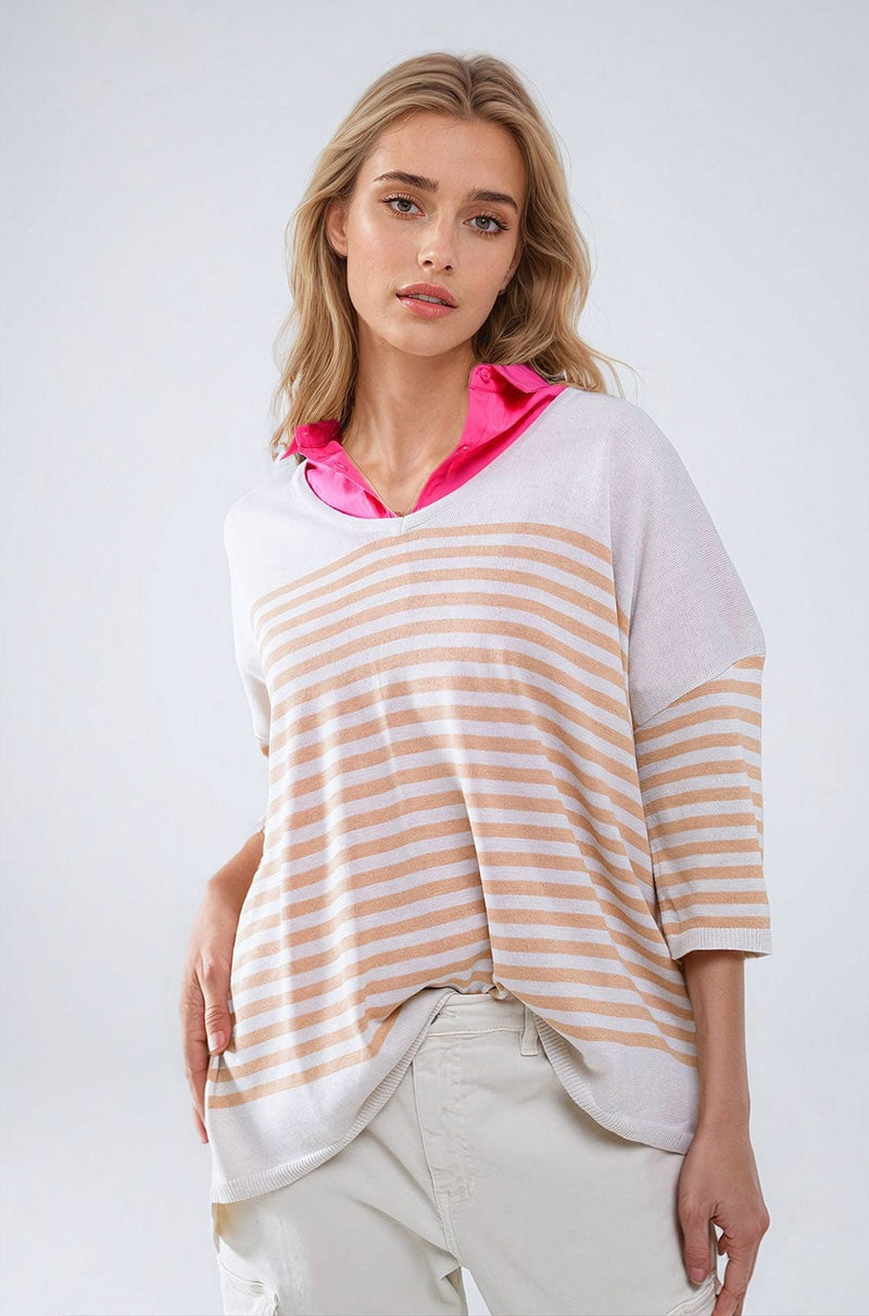 Q2 Women's Sweater One Size / Beige Oversized Beige Sweater With Brown Stripes And V-Neck