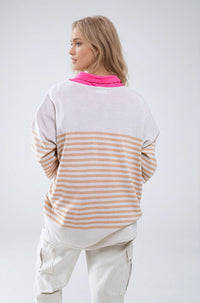 Q2 Women's Sweater One Size / Beige Oversized Beige Sweater With Brown Stripes And V-Neck