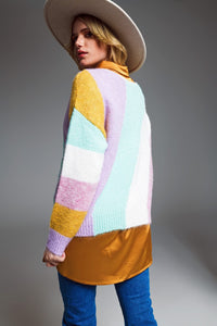 Q2 Women's Sweater One Size / Beige Relaxed Multicolor Diagonal Stripe Sweater With Boat Neck In Pastel Colors