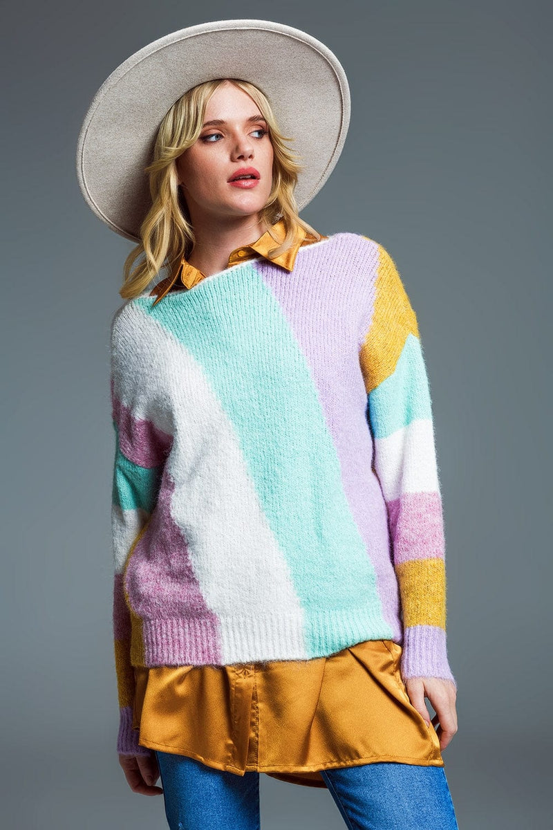 Q2 Women's Sweater One Size / Beige Relaxed Multicolor Diagonal Stripe Sweater With Boat Neck In Pastel Colors