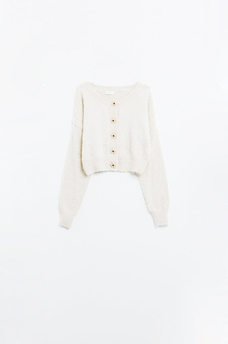 Q2 Women's Sweater One Size / Beige Short And Fluffy Cream Cardigan With Flower Buttons