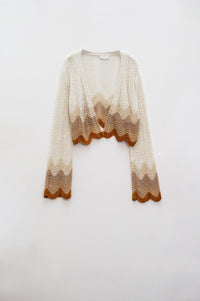 Q2 Women's Sweater One Size / Beige Short Knitted Cardigan With Angel Sleeves And Wave Multicolor Detail In Beige
