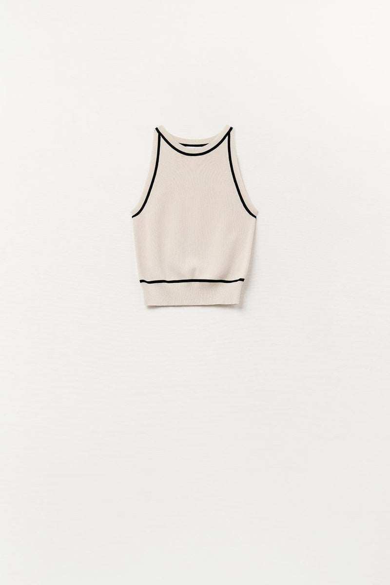 Q2 Women's Sweater One Size / Beige Sleeveless Sweater In Beige Featuring Detail Black Lines
