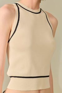 Q2 Women's Sweater One Size / Beige Sleeveless Sweater In Beige Featuring Detail Black Lines