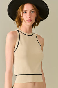 Q2 Women's Sweater One Size / Beige Sleeveless Sweater In Beige Featuring Detail Black Lines