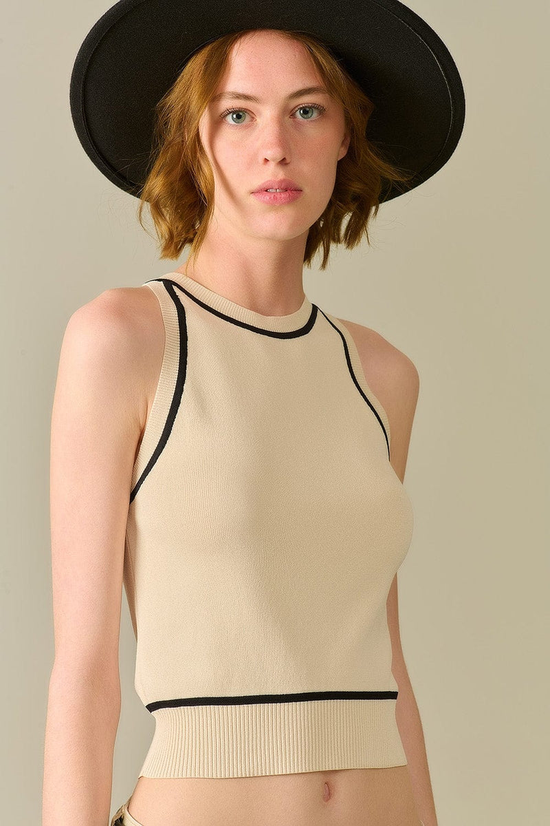 Q2 Women's Sweater One Size / Beige Sleeveless Sweater In Beige Featuring Detail Black Lines